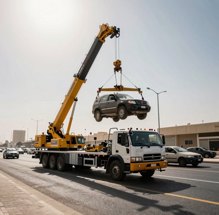 Wide-angle shot of a heavy-duty recovery crane lifting an SUV on a busy Dubai road, high-contrast midday sun, intense metallic tones, professional roadside assistance action.