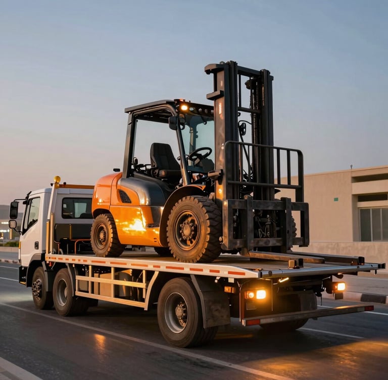 Dynamic wide shot of a heavy forklift being secured onto a modern flatbed recovery truck in Dubai, intense amber strobe lights reflecting off metallic surfaces at dusk