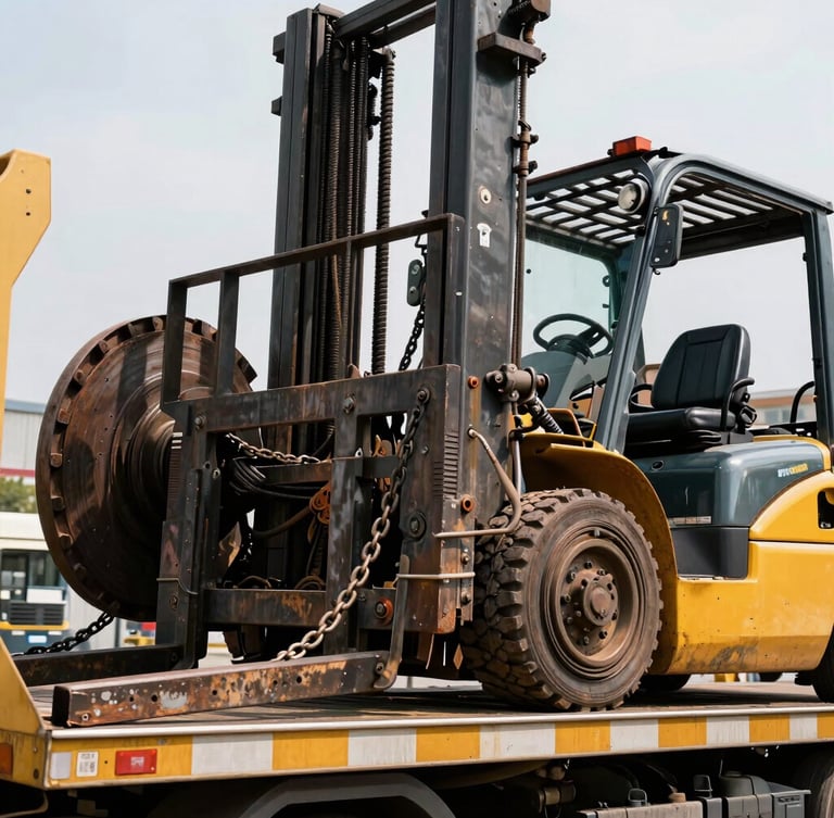 Low-angle dramatic close-up of heavy steel winches and high-tensile chains securing a yellow industrial forklift onto a flatbed tow truck, metallic textures, high contrast.