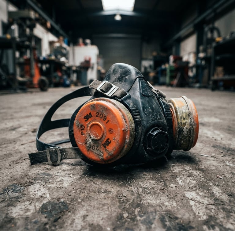 Close-up of a heavy-duty respirator mask with orange filters, resting on a dusty concrete floor, high-contrast industrial warehouse lighting, gritty texture, sharp focus