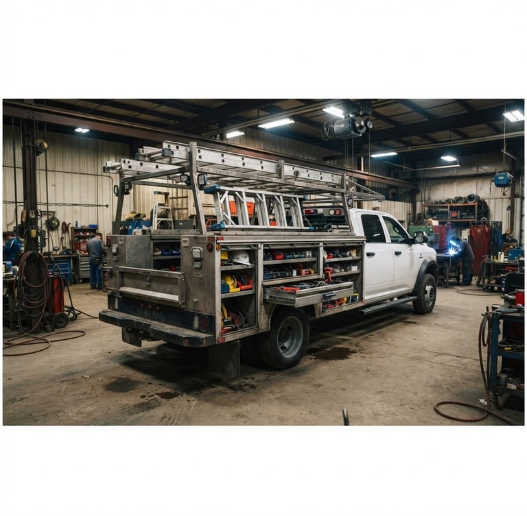 Wide panoramic shot of a completed heavy-duty utility truck upfit, custom steel shelving and ladder racks visible, parked in a clean workshop bay under industrial lights, high contrast, gritty metallic tones.