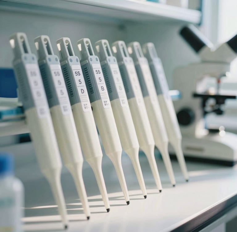 Clean organized laboratory environment with structured pipettes and visual 5S management labels, bright natural clinical daylight, close-up framing