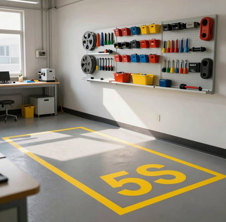 Clean, highly organized industrial workspace, visual 5S floor markings in safety yellow, organized tool board on the wall, bright natural daylight, medium shot.