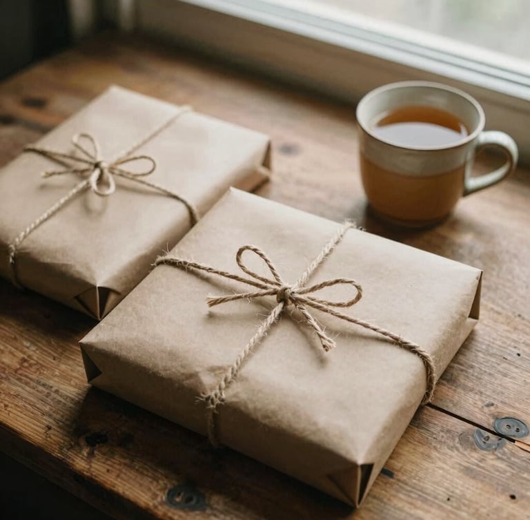 Overhead flatlay of hand-wrapped book packages in heavy brown paper, tied with twine, resting on a rustic wooden table next to a warm ceramic mug of tea, soft window light, warm earthy tones, 35mm film texture