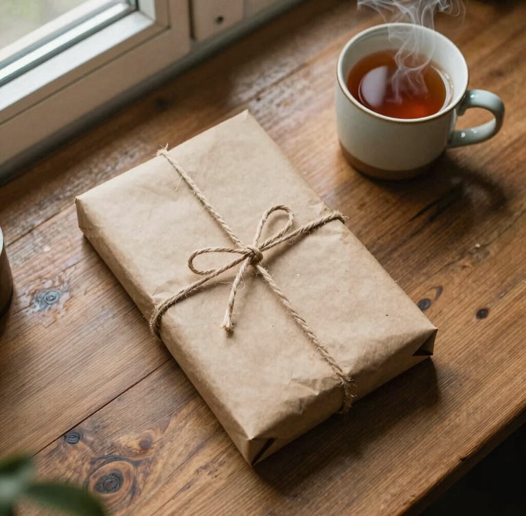 Overhead flatlay of a hand-wrapped book package in heavy brown paper, sealed with twine, resting on a rustic wooden table next to a steaming ceramic mug of tea, warm morning window light, soft shadows, 35mm film texture