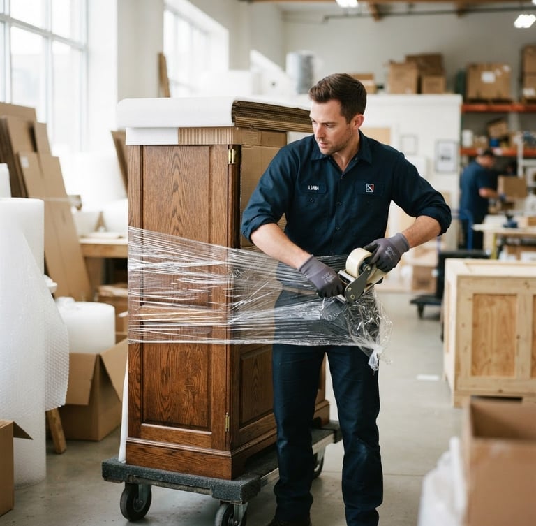 Bright editorial photography of a professional crew member in clean uniform securing protective wrap on a wooden cabinet, sharp focus, 35mm