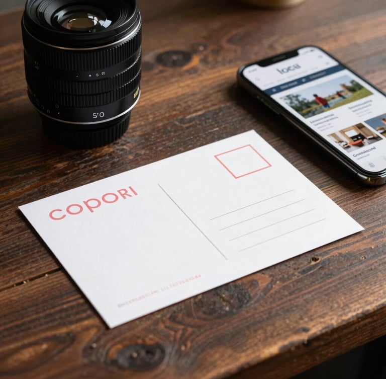 A physical printed direct mail postcard resting on a dark wooden workbench next to a smartphone showing a clean local business website
