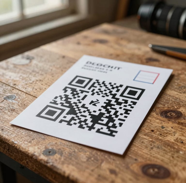 Straight-on eye-level shot of a physical printed direct mail postcard with a prominent QR code resting on a rustic wooden workshop table, warm natural light from a nearby window.