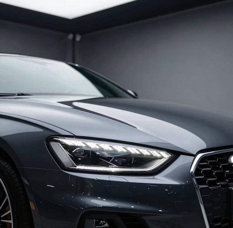 Low-angle dramatic close-up of a clean dark sports car inside a detailing bay, sharp LED inspection lights reflecting off the wet-look polished hood, high contrast.