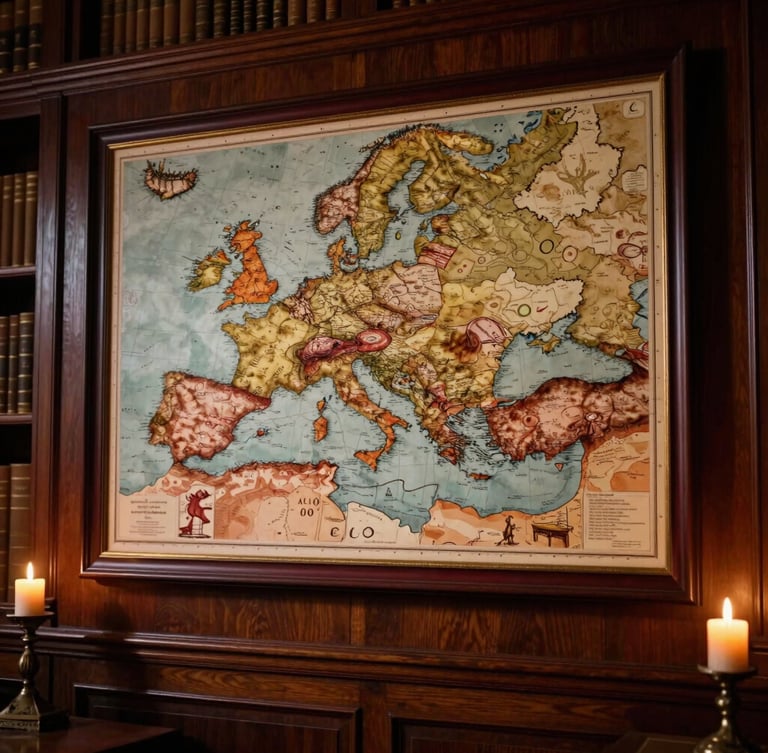 Dramatic low-key photography of a large-format framed Roman empire map hanging on a dark oak library wall, warm candlelight casting deep shadows, 35mm macro lens detail.