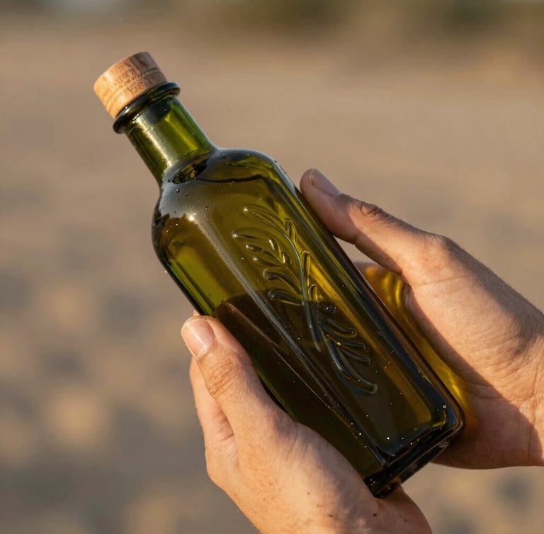 Close-up of a dark green glass olive oil bottle, embossed details catching warm golden-hour light, held gently by hands with natural soil traces, shallow depth of field.