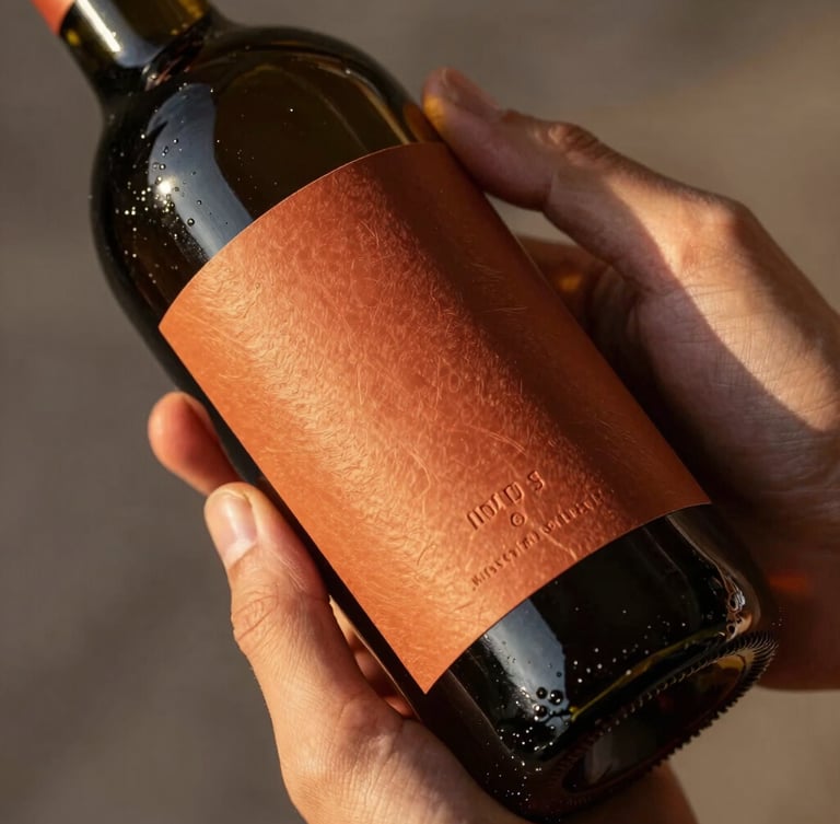 Close-up of physical wine bottle packaging with embossed terracotta labels held naturally by hands, warm golden hour sun casting soft shadows.