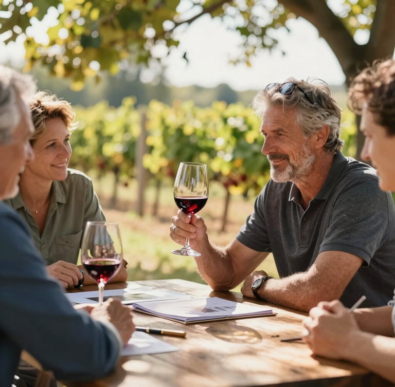 Candid shot of a family winemaker sharing a glass of red wine with a designer at a rustic wooden table, sun-drenched afternoon light filtering through trees.