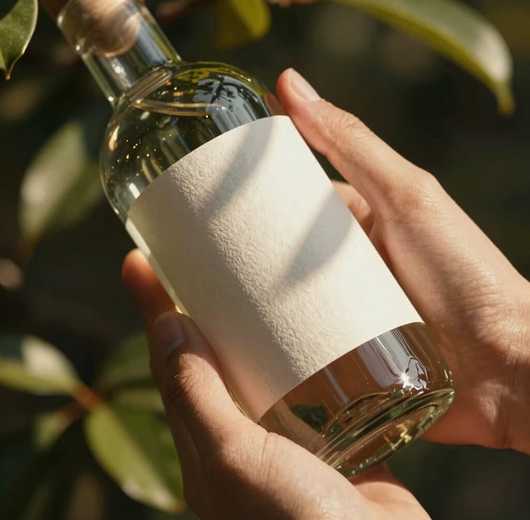 Cinematic close-up of hands holding a beautifully designed glass bottle with a textured paper label, warm golden hour sunlight filtering through leaves, creating soft shadows.
