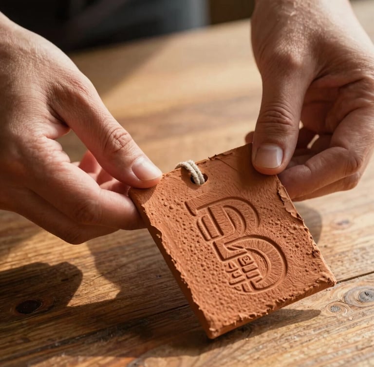 Close-up of hands carefully holding a textured, heavily embossed terracotta paper wine label under warm golden hour sunlight, soft shadows on a rustic wooden table, shallow depth of field