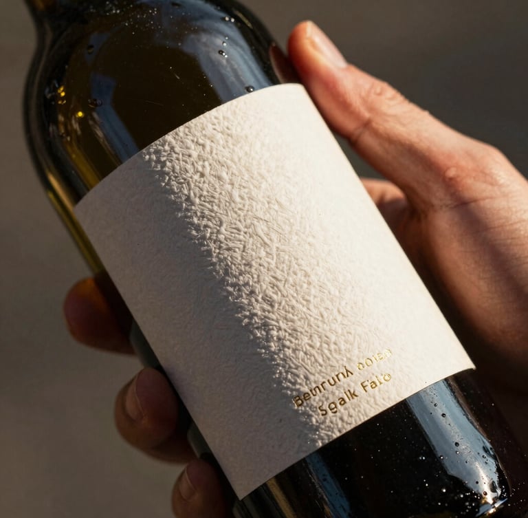 A close-up photograph of hands holding a wine bottle with a textured, embossed cotton paper label, warm afternoon sunlight highlighting the gold foil details and paper grain, shallow depth of field.