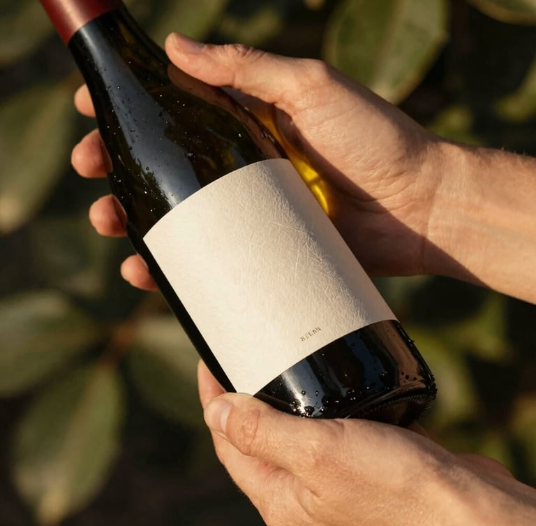 Close-up of human hands gently holding a premium wine bottle with a textured, embossed cream paper label. Sun-drenched golden hour light filters through leaves, casting soft shadows. Candid, shallow depth of field.