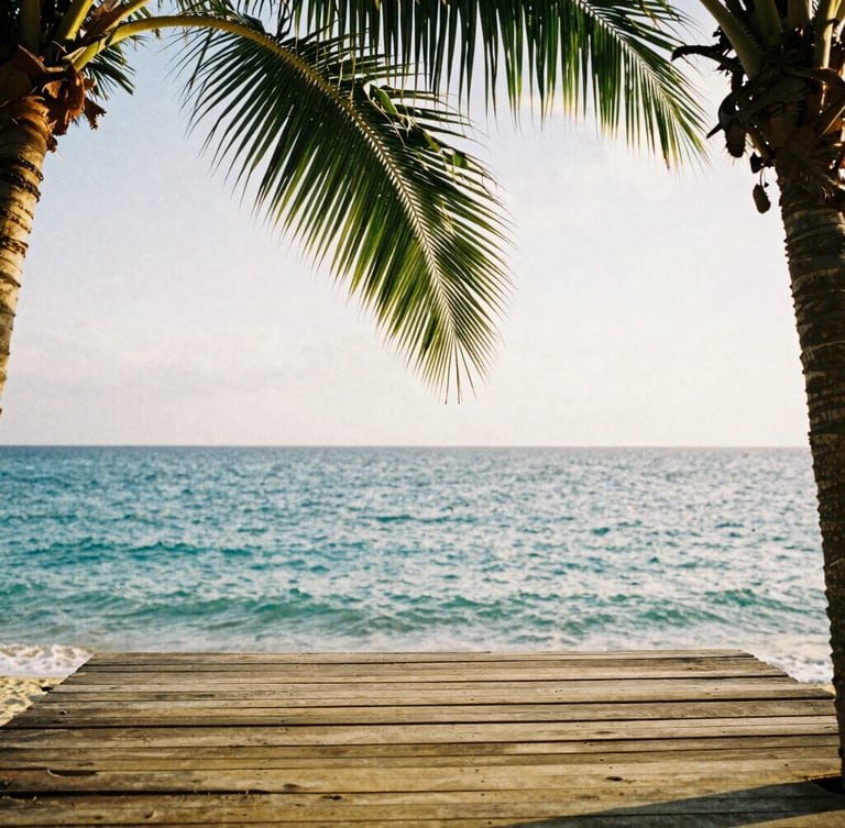 Warm golden hour sunlight filtering through coconut leaves onto a rustic wooden terrace overlooking a completely calm, turquoise ocean, 35mm film aesthetic, shallow depth of field