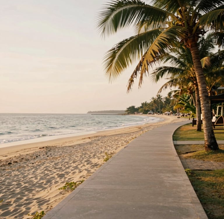 A peaceful coastal pathway on Koh Sarai, leading to a quiet beach, warm golden hour light, soft tropical tones, 35mm film aesthetic