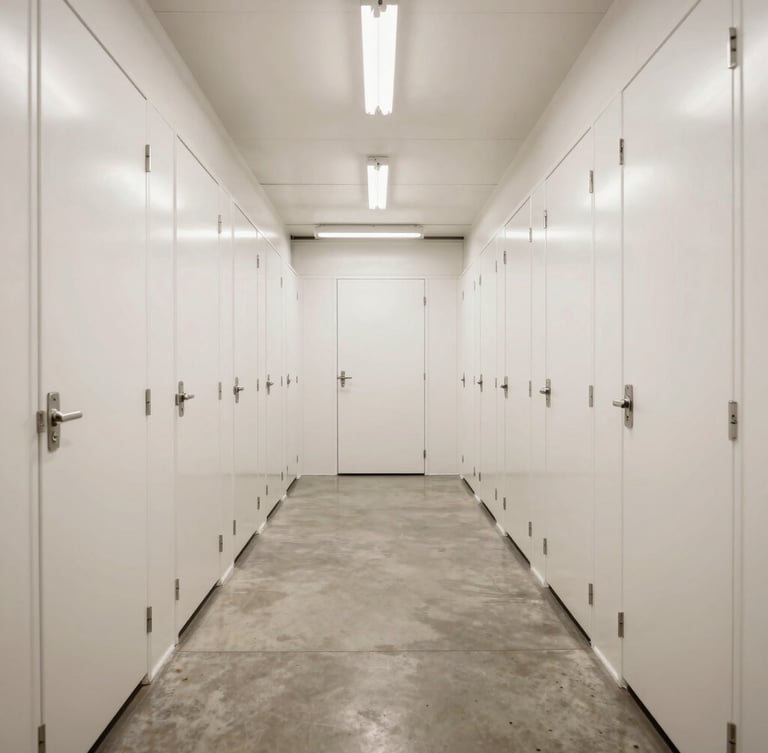 Symmetrical wide-angle shot of a clean, brightly lit storage corridor with glossy white doors and polished concrete floors, warm overhead lighting.