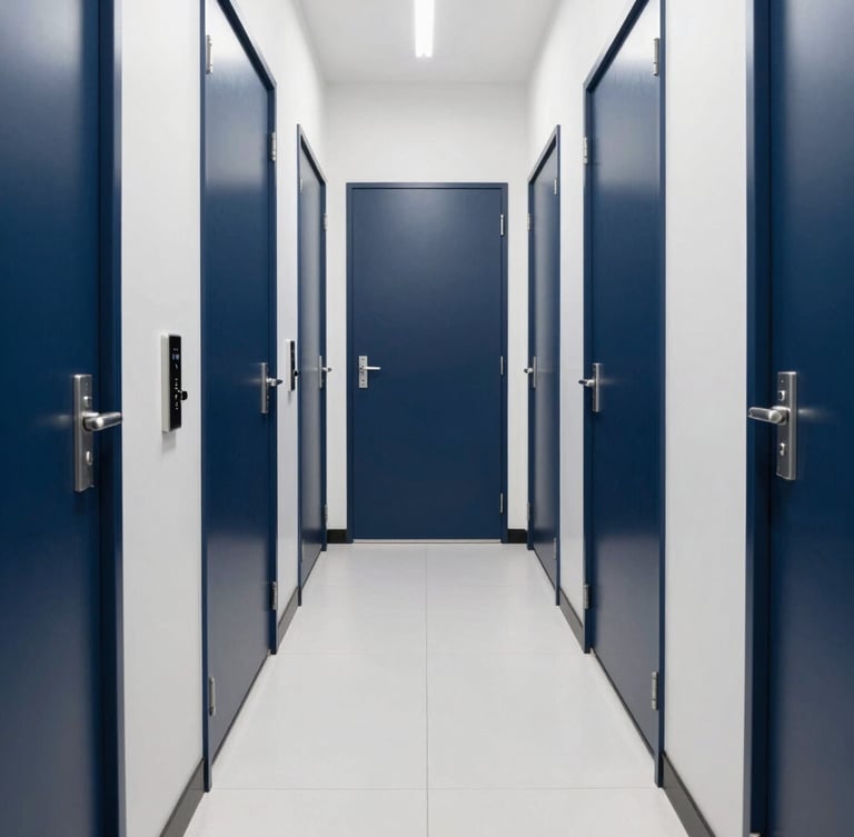 A straight-on, symmetrical architectural shot of a clean, brightly lit storage corridor with deep navy doors and pristine white floors, modern keyless entry panel visible on the foreground wall.