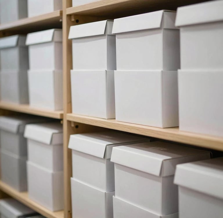 A close-up of organized commercial inventory, including high-end retail packaging and pristine storage boxes, stacked neatly inside a brightly lit climate-controlled unit.