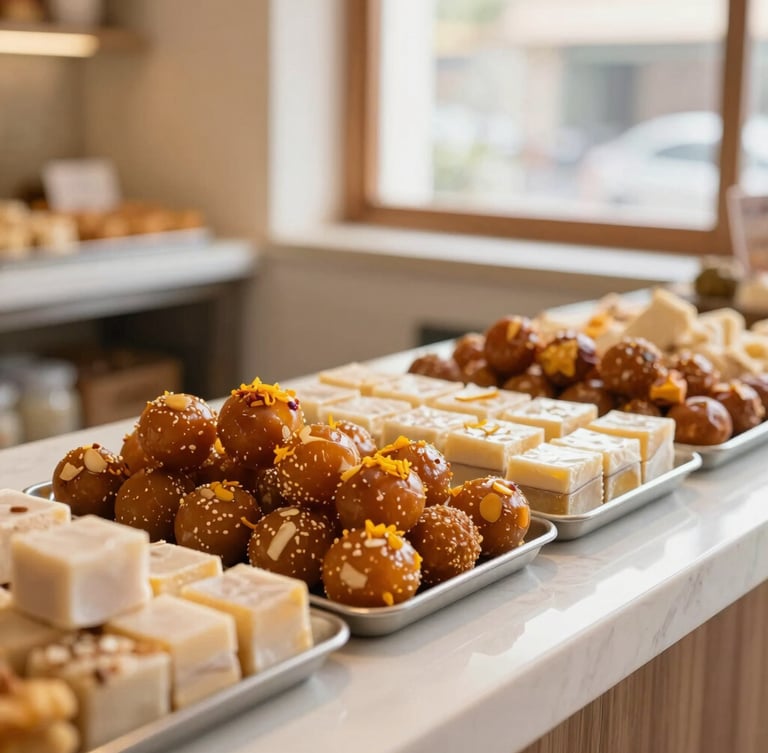 Warm environmental shot of a clean, modern Indian sweet shop counter with neat rows of freshly made saffron laddoos and kaju katli under soft window light