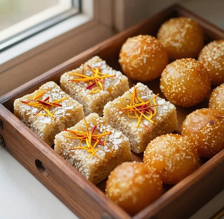 Overhead flat-lay of a wooden box filled with saffron-infused kaju katli and golden laddoos, warm morning light from a side window, rich food textures, shallow depth of field.