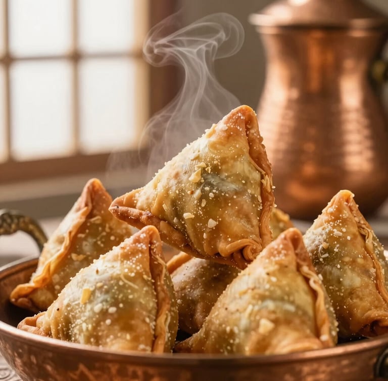 Close-up of golden, crisp samosas being lifted from a traditional copper vessel, steam rising gently, warm directional studio light highlighting the flaky pastry texture.