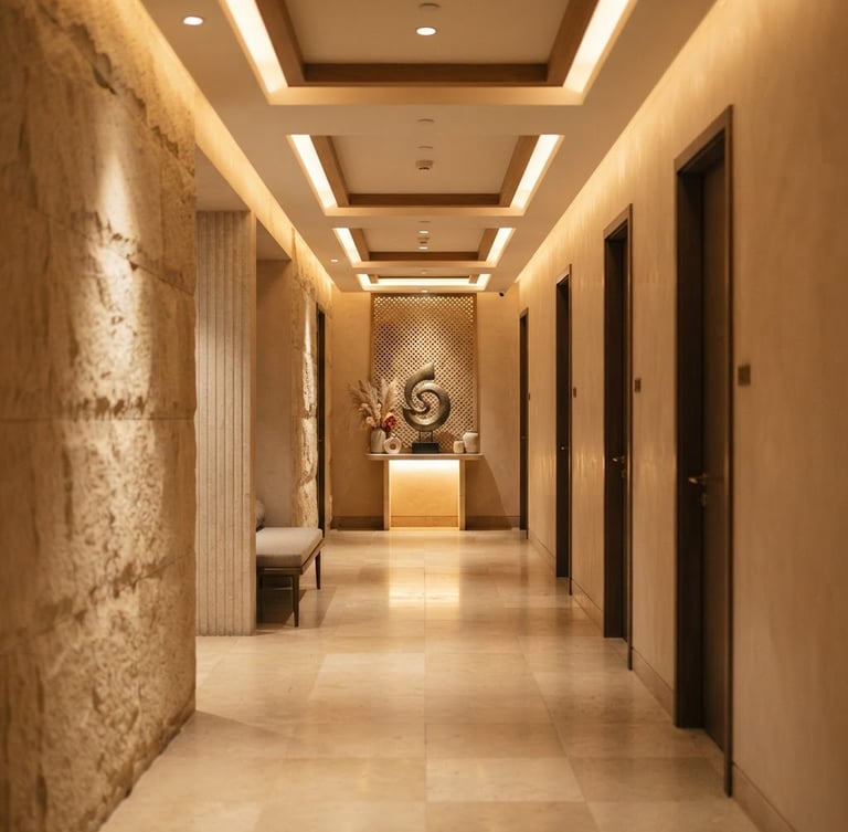 An architectural perspective of a minimalist spa corridor in Gurgaon, warm indirect lighting casting soft shadows on beige stone walls, clean lines, shallow depth of field