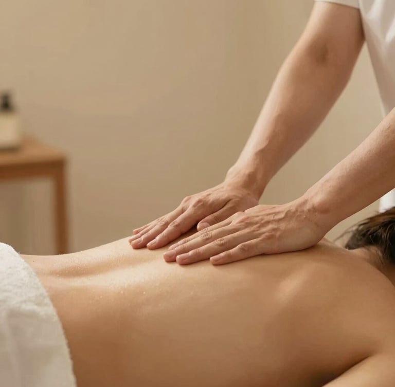 Therapist's hands in precise professional motion applying targeted pressure on a client's back, warm minimalist treatment room, soft indirect glow