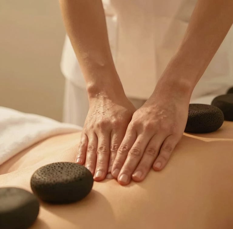 Close-up of professional therapist hands performing a precise deep tissue massage, warm volcanic stones resting nearby, soft golden-hour light, warm beige background