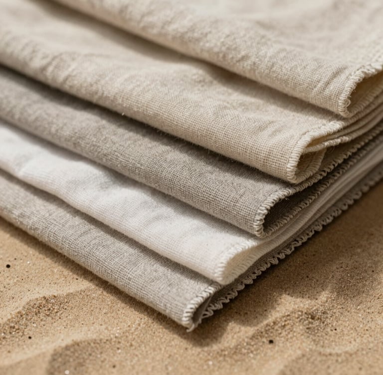 Close-up of premium textured linen and heavy organic cotton swatches stacked on a warm sand surface, soft diffused daylight casting gentle shadows.