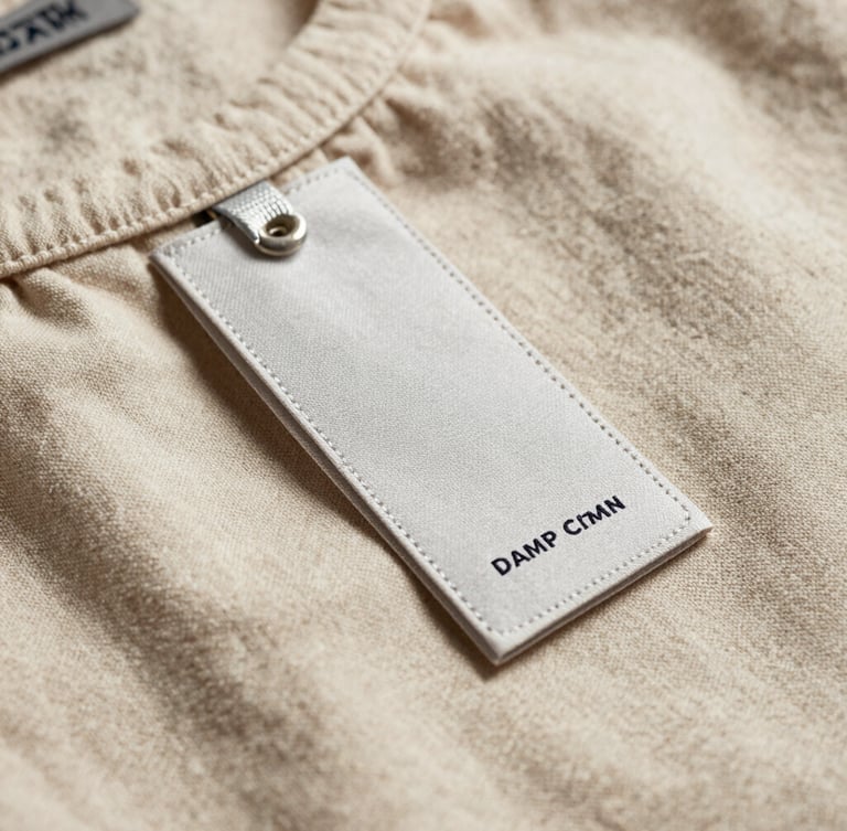 Close-up of a custom clothing tag stitched onto a heavy-weight organic cotton shirt, warm natural daylight, focus on fabric texture.