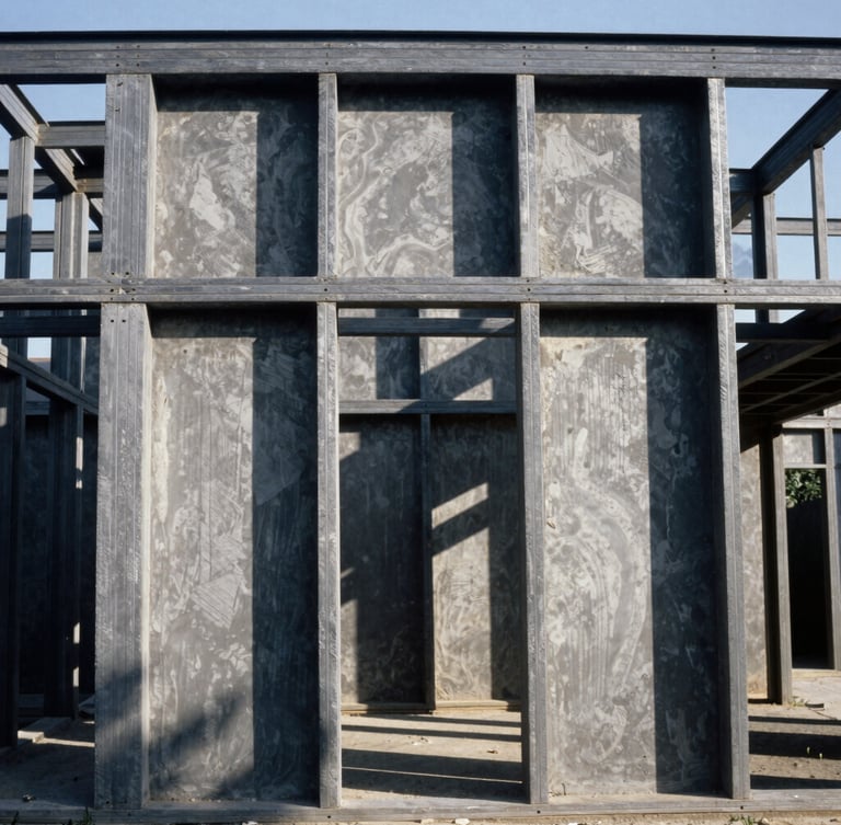 Straight-on architectural elevation of exposed structural steel framing against raw plaster walls, dramatic morning shadows, crisp details, 35mm film photography