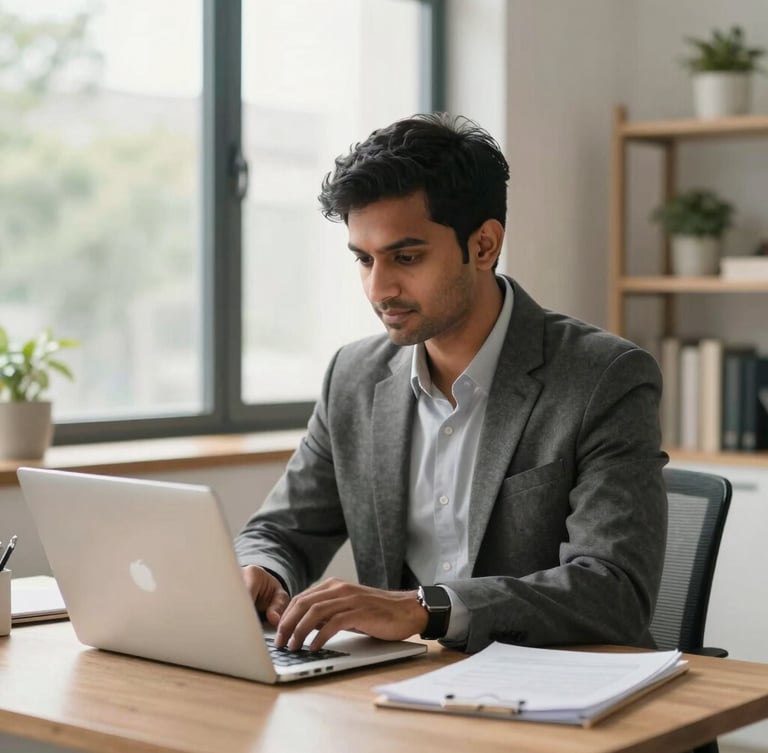 A focused Indian young professional working on a laptop in a bright, modern home office, natural daylight streaming through a window, clean professional setting.
