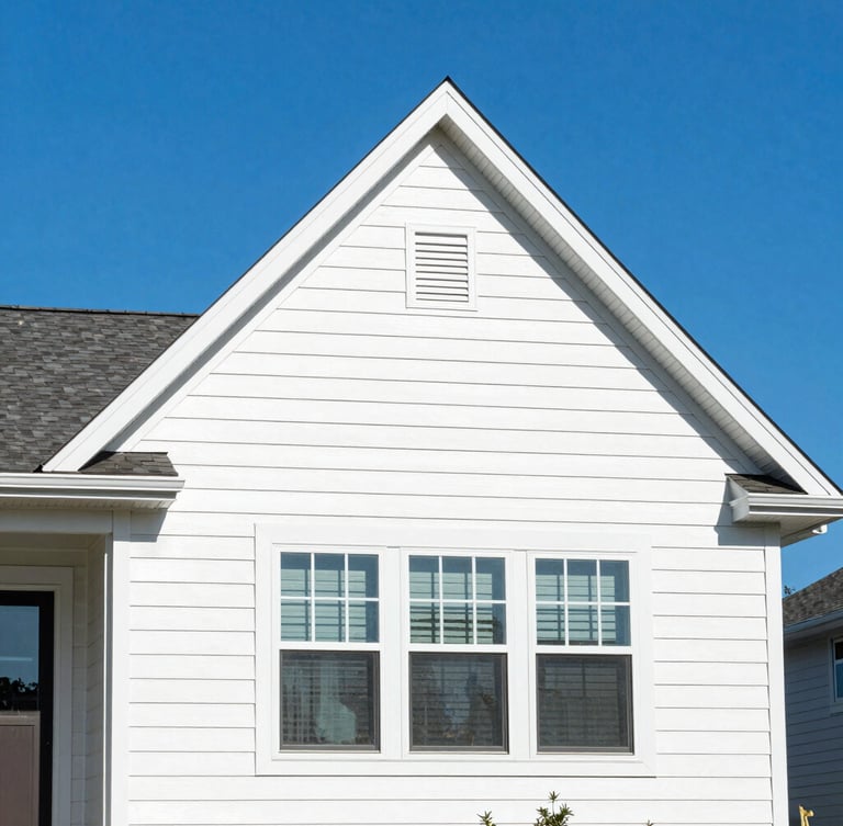 Bright mid-morning sunlight shining on a clean suburban house with immaculate vinyl siding, sharp architectural angles, highly saturated blue sky