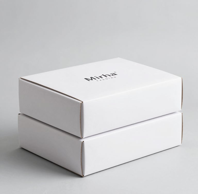 Bright high-key studio photography of clean, minimalist Mirha Trading shipping packages neatly stacked on a soft gray background, sharp focus, 50mm