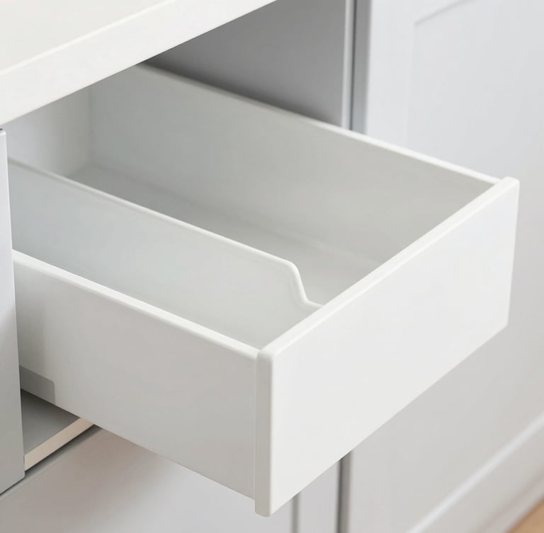 Bright high-key kitchen organization scene with neatly arranged modular drawer organizers, crisp natural studio light, soft gray background, 50mm, sharp focus