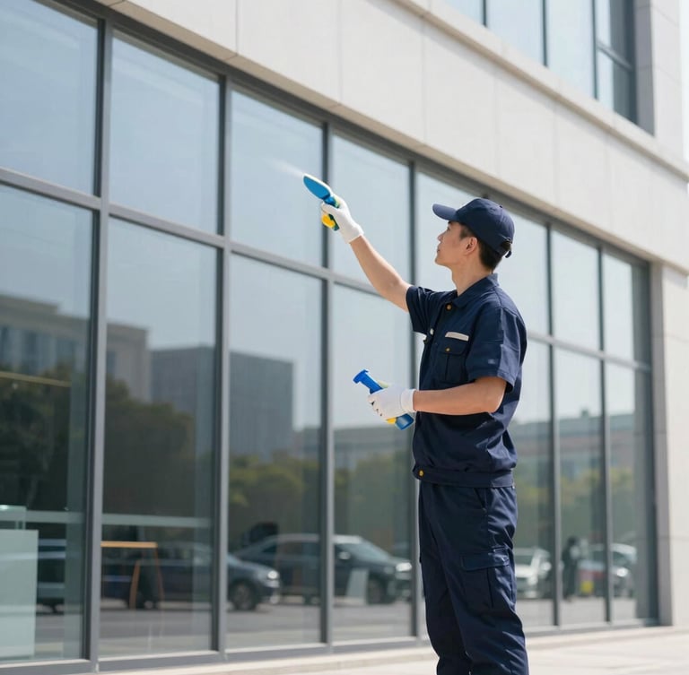 Medium-wide shot of a professional cleaning supervisor in a crisp navy uniform inspecting a pristine commercial glass facade, bright natural daylight, clean architectural lines