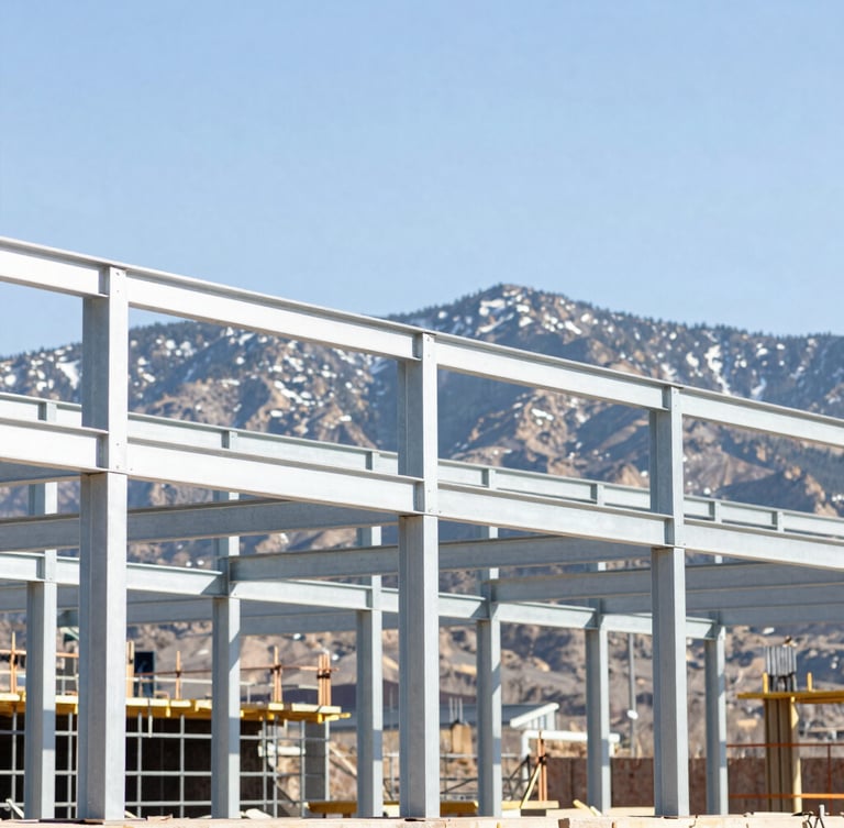 Sharp architectural photography of active Utah construction site, steel structural framing against bright crisp mountain daylight, 35mm