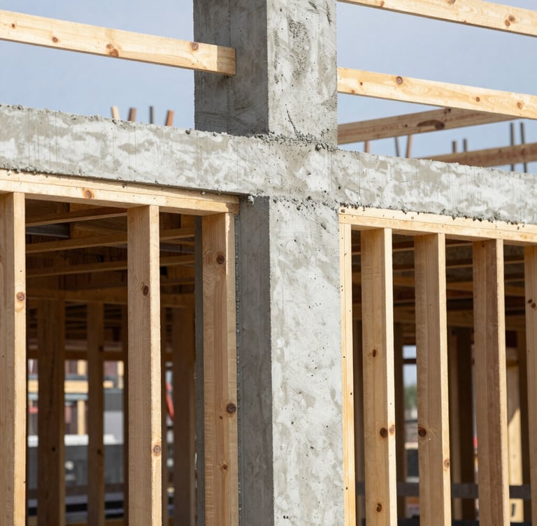 Close-up of a construction site with clean concrete pours and perfectly aligned timber framing under bright daylight, 35mm.