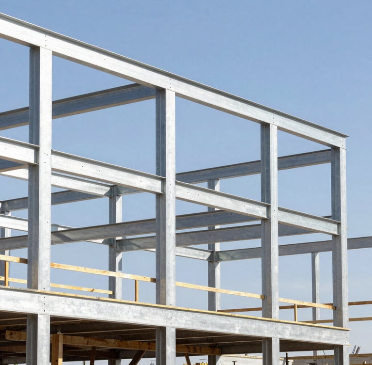 Sharp architectural photography of a modern residential steel frame under construction, bright Utah daylight, high-contrast structural framing, 35mm