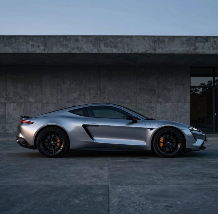Side profile of a sleek modern sports car parked outside minimalist concrete architecture at twilight, cool metallic silver highlights, dramatic low-key lighting