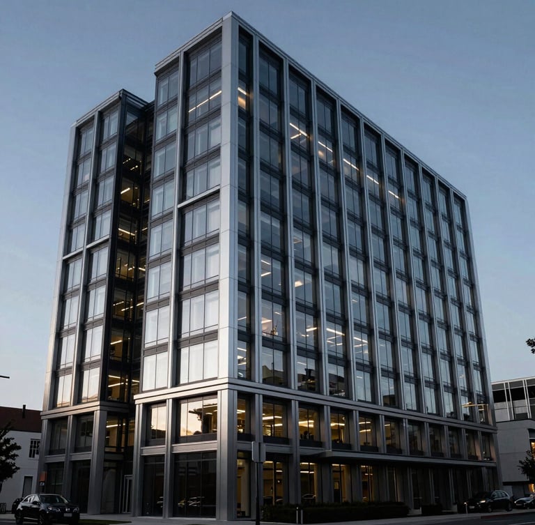 High-end modern architectural office building exterior in Gilbert at dusk, cool silver reflections, deep charcoal tones, 35mm lens