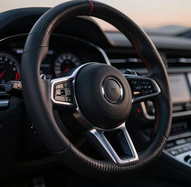 Dramatic low-key close-up of a luxury steering wheel, cool silver reflections on carbon fiber, twilight lighting, sharp focus, 35mm lens