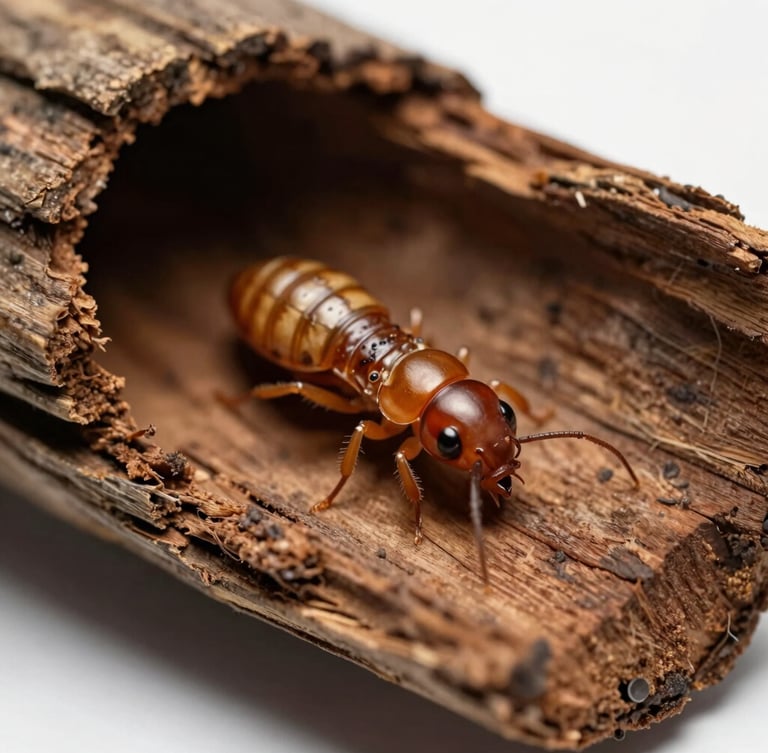 Macro close-up of drywood termite activity inside historic Brazilian hardwood, clean laboratory lighting, scientific focus, high-definition details.