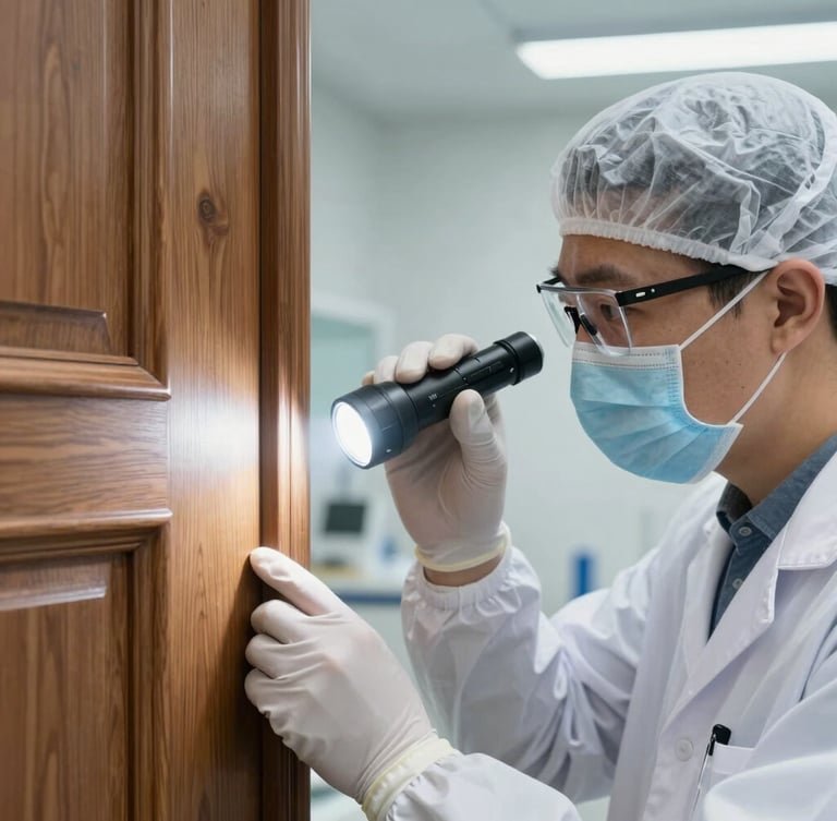 Clean, bright clinical white light illuminating a technician in a spotless uniform inspecting a historic wooden door frame with a precision flashlight, macro focus on the wood texture, educational and scientific context.