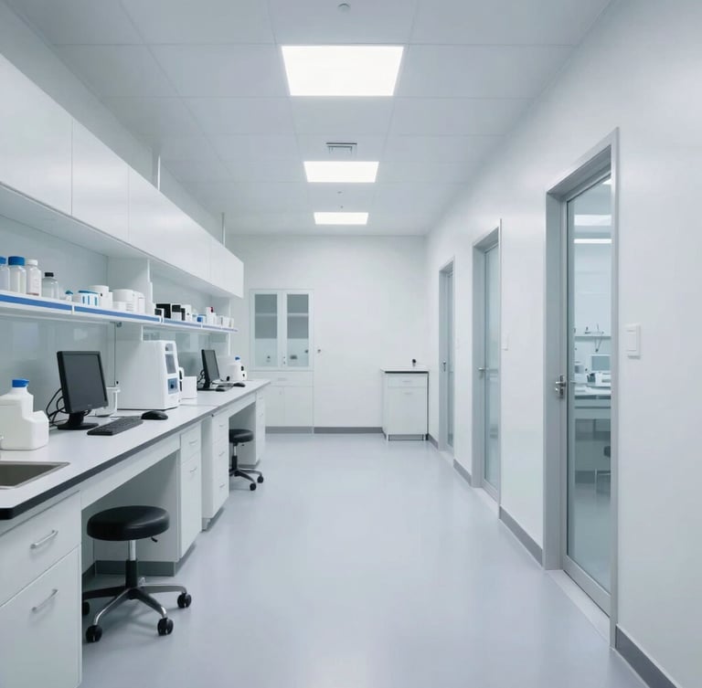 Macro high-definition shot of a clean, modern medical laboratory hallway in the Canela neighborhood, bright clinical white lighting, sterile surfaces, off-center perspective with negative space.