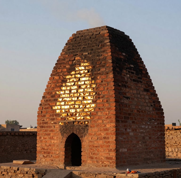 Warm golden-hour light reflecting off a traditional brick kiln chimney in Punjab, smoke rising softly against a low horizon sky, raw earthy environment.